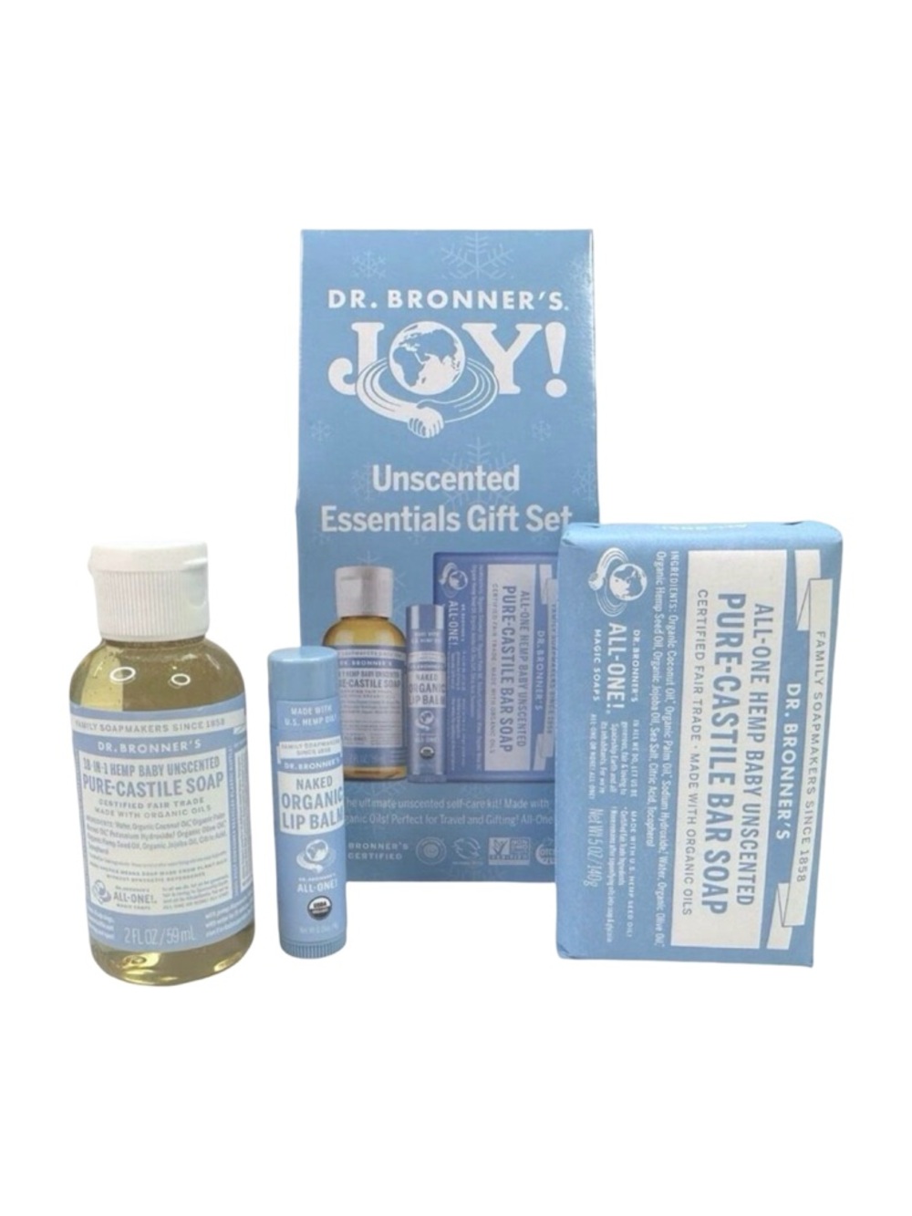 Dr. Bronner’s JOY! Unscented Essentials Set Castile Liquid & Bar Soap & Lip Balm